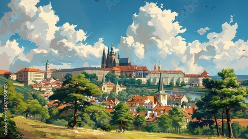  Vintage travel poster of Prague, flat design of Prague Castle, gothic architecture and river views,