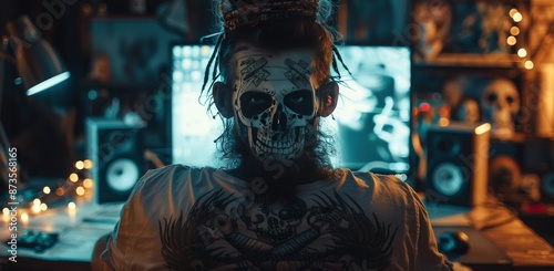 Man Wearing Skull Makeup Sitting at Computer in Dark Room