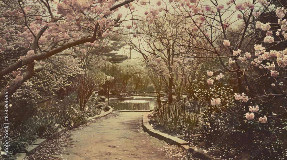 Fototapeta premium Spring garden depicted in vintage photograph