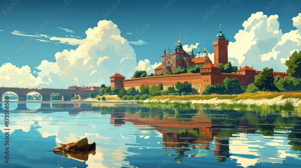 Fototapeta premium Vintage travel poster of Warsaw, flat design of Royal Castle, cultural festivals and vibrant streets,