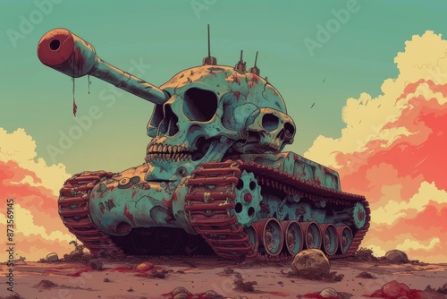 Artistic rendering of a skullshaped tank amidst a desolate, wartorn landscape photo