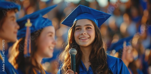 Smiling Graduate With Blue Cap and Gown at Graduation Ceremony