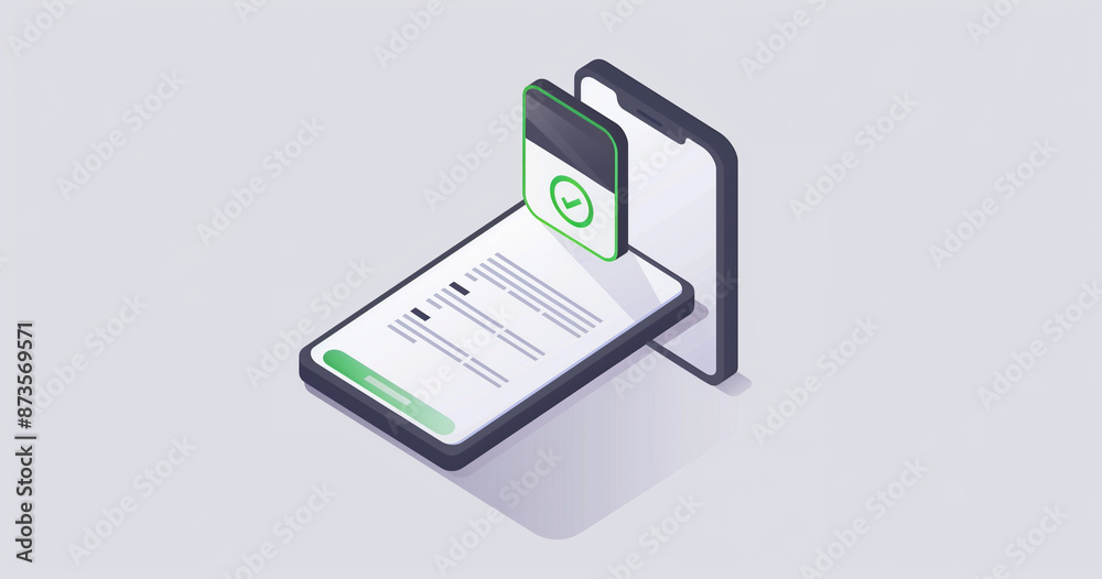 An isometric illustration showing a phone showing a successful payment for bitcoin. There is a green check mark on top of the phone. The background should be a simple light gray to emphasize An isometric illustration showing a phone showing a successful payment for bitcoin. There is a green check mark on top of the phone. The background should be a simple light gray to emphasize
