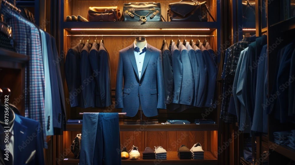 Naklejka premium A Well-Organized Closet with Blue Suits