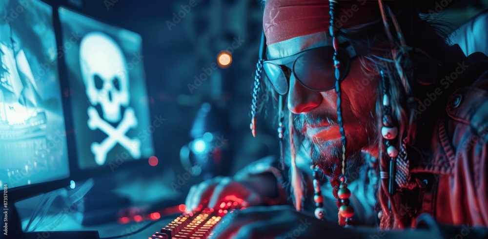 Fototapeta premium Cyber Pirate Working Late at Night in Front of a Computer