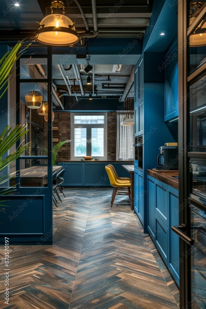 Interior of a modern kitchen with blue walls, wooden floor and bar countertop. Interior of a modern kitchen with blue walls, wooden floor and bar countertop.