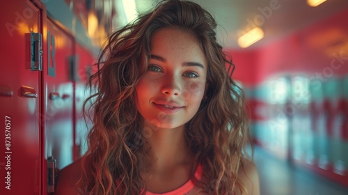 Smiling Young Woman in School Hallway - Generative AI © studio clever