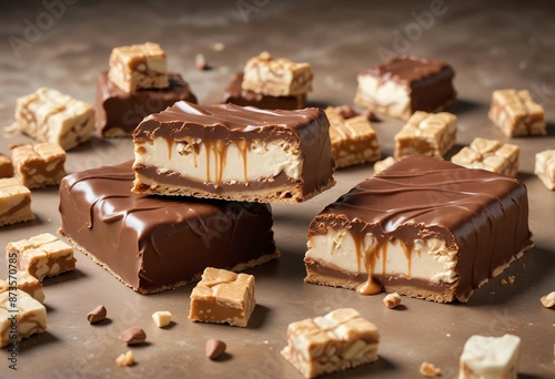 Luscious milk chocolate coated caramel and nougat Snickers confections positioned on an ornately designed, decorative background 
