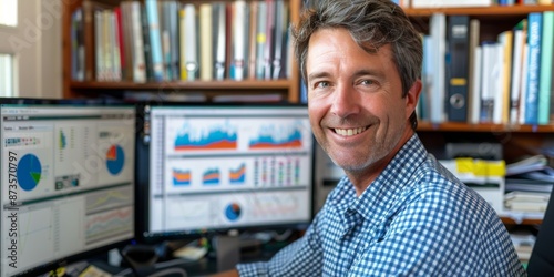 Smiling Man Reviewing Data on Computer Screens in Home Office
