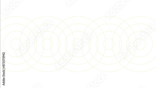 Multiple looping kaleidoscopic circles horizontally aligned. Circles with light yellow outlines on a white background. Infinitely repeating, multiple concentric ripples. Copy space, 4K Motion Graphics