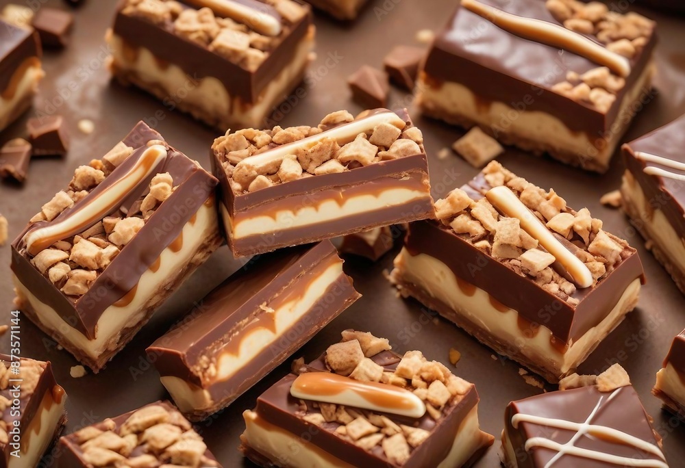 Luscious milk chocolate coated caramel and nougat Snickers confections positioned on an ornately designed, decorative background
