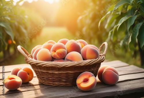 organic peaches in freshly picked basket on old wooden table, organic agriculture advertisement, copy space for text
