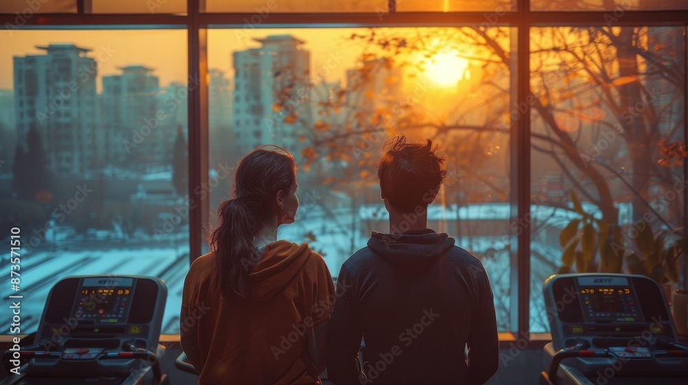 Two people watching sunrise from a gym - Generative AI Two people watching sunrise from a gym - Generative AI