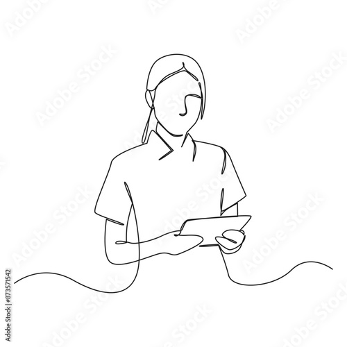 woman, company workers, smiling and holding digital tablet, one line drawing, Supply chain management concept.