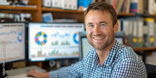 Happy Businessman Looking at Data on Computer Monitors in Home Office