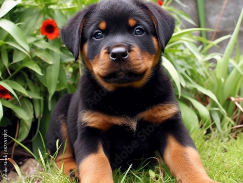 puppy Rottweiler dog in garden. High quality photo