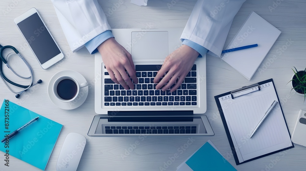 Female doctor with laptop working at the office desk. Female doctor with laptop working at the office desk.