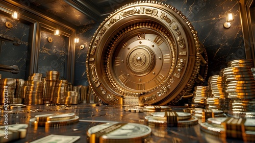 Golden safe in the center of a bank vault, surrounded by money stacks and gold bars.