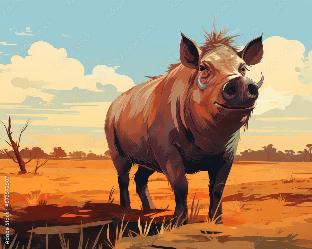 Fototapeta premium Warthog kneeling to graze flat design front view grassland theme animation Triadic Color Scheme