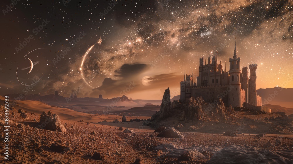 Obraz premium A castle built on Mars, a shooting star, and a crescent moon.