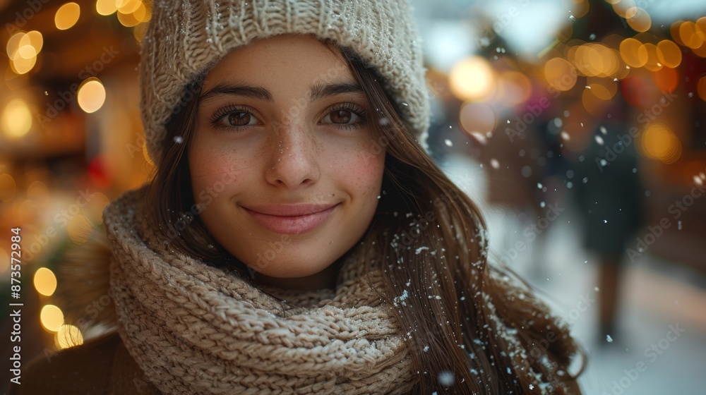 Portrait of a Young Woman Enjoying a Winter Market - Generative AI Portrait of a Young Woman Enjoying a Winter Market - Generative AI