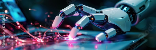 Futuristic Robotic Hand Typing On Laptop Keyboard In Blue And Red Lighting