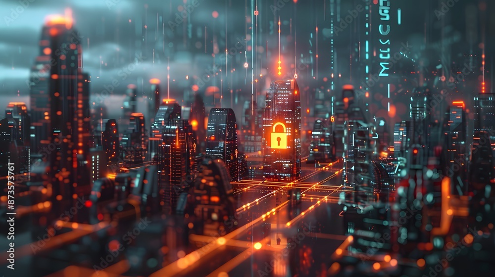 Fototapeta premium A cityscape with a glowing red lock on a building