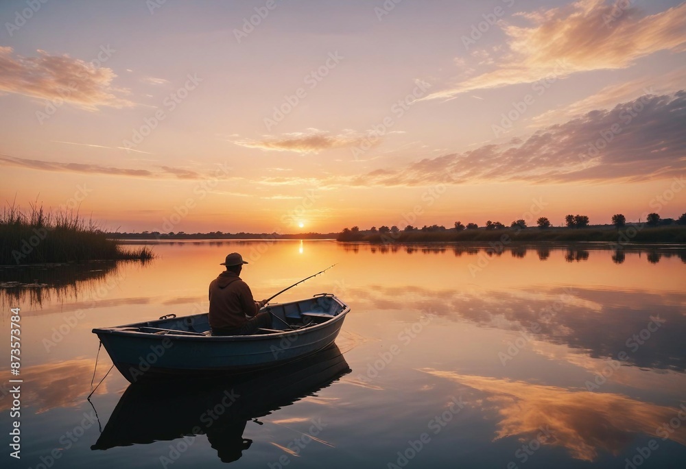 Naklejka premium the silhouette of a man fishing in his boat on the mirror-bright and calm river, dramatic sunset colors painting the sky with warm hues.