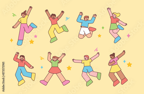 People of various races are jumping excitedly. outline simple vector illustration.