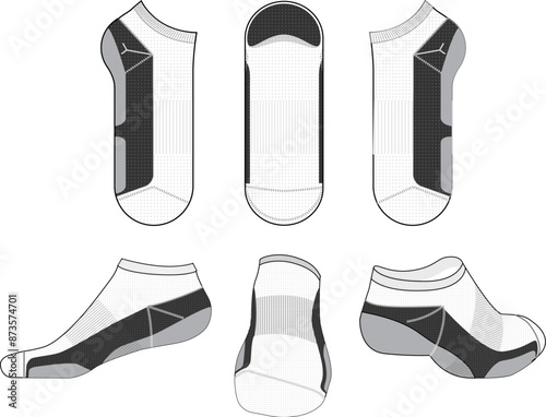 Ankle Sock tech pack template flat sketch fashion illustration mock-up cad drawing for unisex men's and women's running sock design.