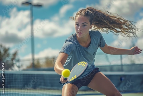 Sunny day pickleball  young woman enjoying and having fun playing pickleball on the court