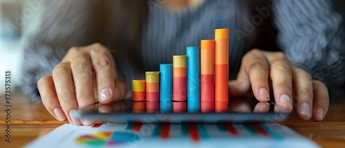 Close-up of a person's hands analyzing a colorful bar chart on a tablet, representing business data, growth, and financial information.