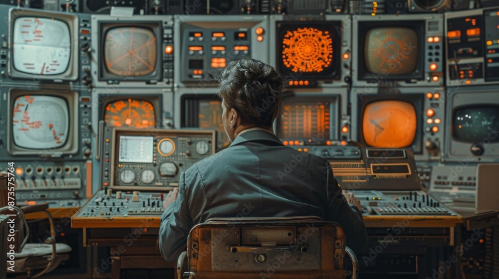 Engineer working at control panel with multiple screens showing data Engineer working at control panel with multiple screens showing data