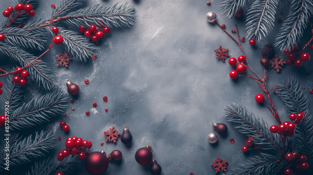 Christmas Frame with Pine Branches and Red Berries