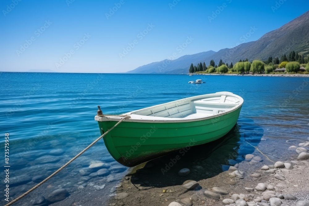 Peaceful sight of a solitary white fishing boat drifting on a calm and clear blue lake Peaceful sight of a solitary white fishing boat drifting on a calm and clear blue lake