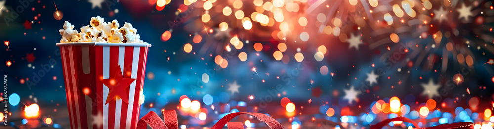 A festive scene with a striped popcorn bucket and colorful fireworks, sparkling lights, and a vibrant holiday atmosphere. A festive scene with a striped popcorn bucket and colorful fireworks, sparkling lights, and a vibrant holiday atmosphere.