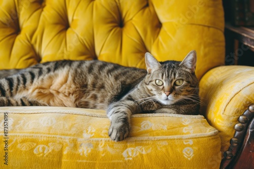 Serene tabby cat rests comfortably on a vibrant yellow tufted couch, exuding tranquility photo