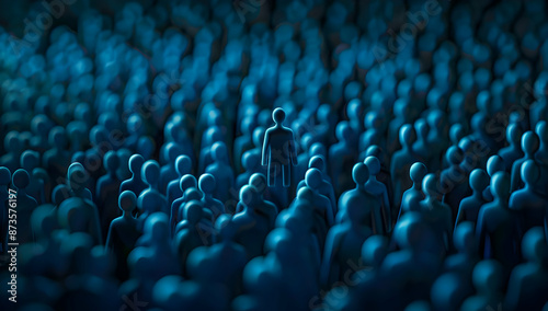 A single person stands out in a crowd of blue figurines, symbolizing individuality, uniqueness, and leadership. photo