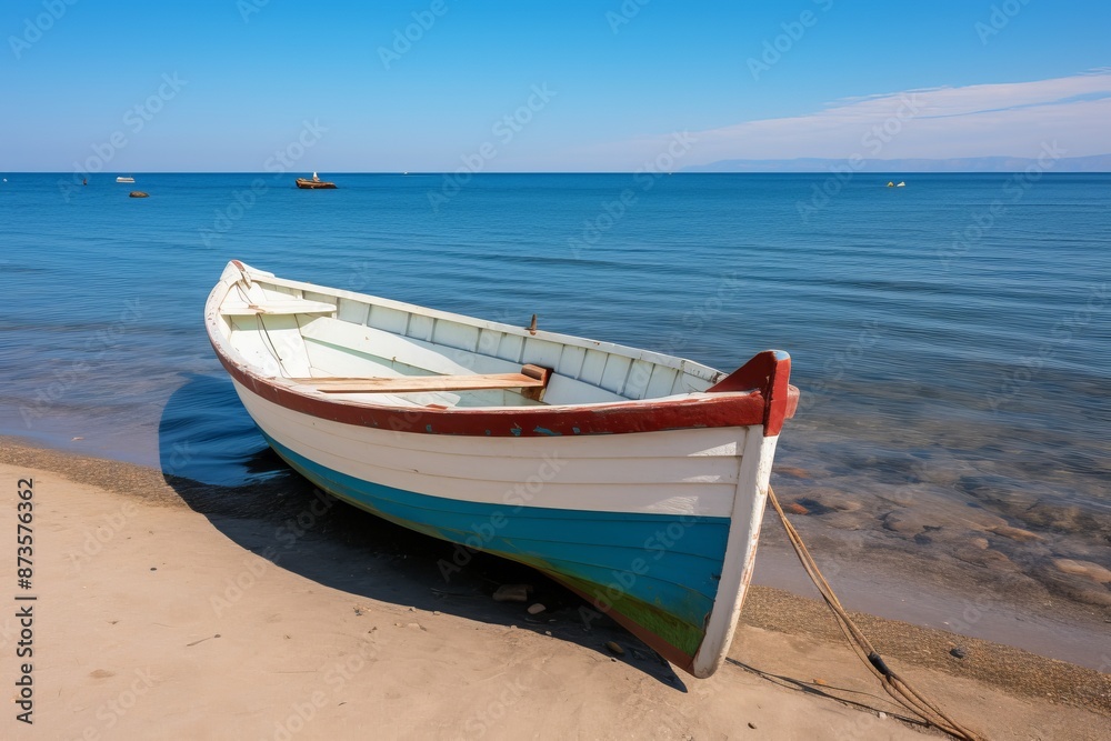 Isolated white fishing boat on calm blue lake, creating a serene and peaceful scene Isolated white fishing boat on calm blue lake, creating a serene and peaceful scene
