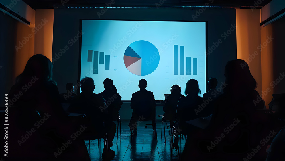 Audience in a dimly lit room watching a business presentation with charts and graphs displayed on a large screen in the background. Audience in a dimly lit room watching a business presentation with charts and graphs displayed on a large screen in the background.
