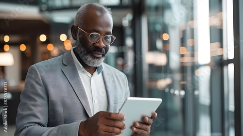 A mature businessman standing in an office, using tablet. © Farid