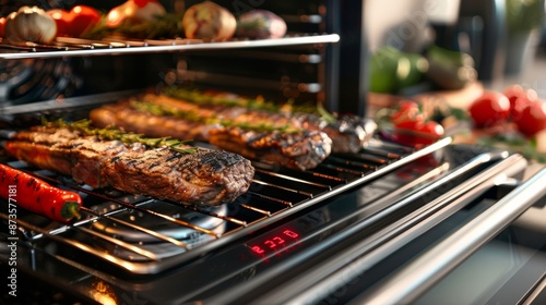 A detailed image of the smart ovens integrated cooking presets offering options for baking broiling roasting and more.