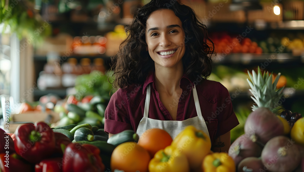 Smiling female employee in a grocery store showcasing fresh produce, including vibrant vegetables and fruits, in a cheerful environment. Smiling female employee in a grocery store showcasing fresh produce, including vibrant vegetables and fruits, in a cheerful environment.