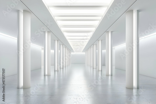 Sleek modern white interior with illuminated columns and reflective floors, creating a minimalist and futuristic ambiance.