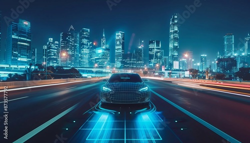 Futuristic electric car with self driving on urban highway at night, modern cityscape advancements photo