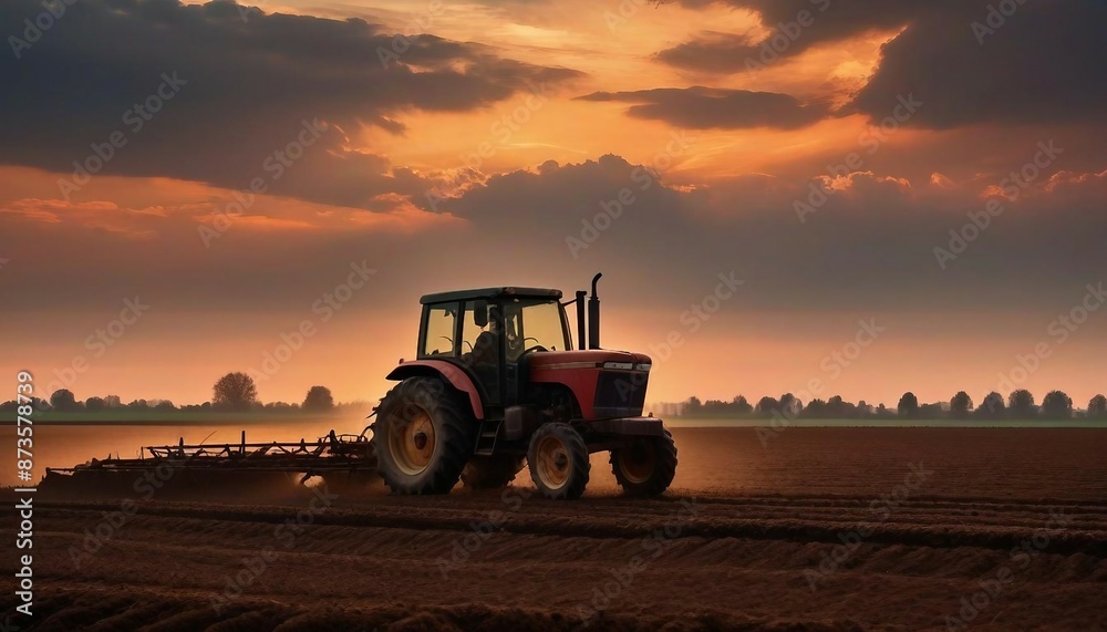 Obraz premium silhouette of farmer on tractor fixed with harrow plowing agriculture field soil at sunset 