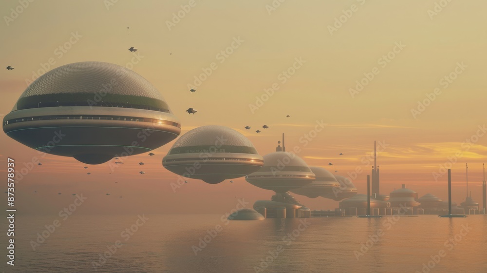 Obraz premium A breathtaking view of a futuristic city with floating buildings and greenery integrated into the architecture set against a backdrop of a vivid sunset with flying vehicles dotting the sky