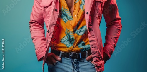 Man Wearing Pink Denim Jacket and Yellow Floral Shirt With Hands in Pockets