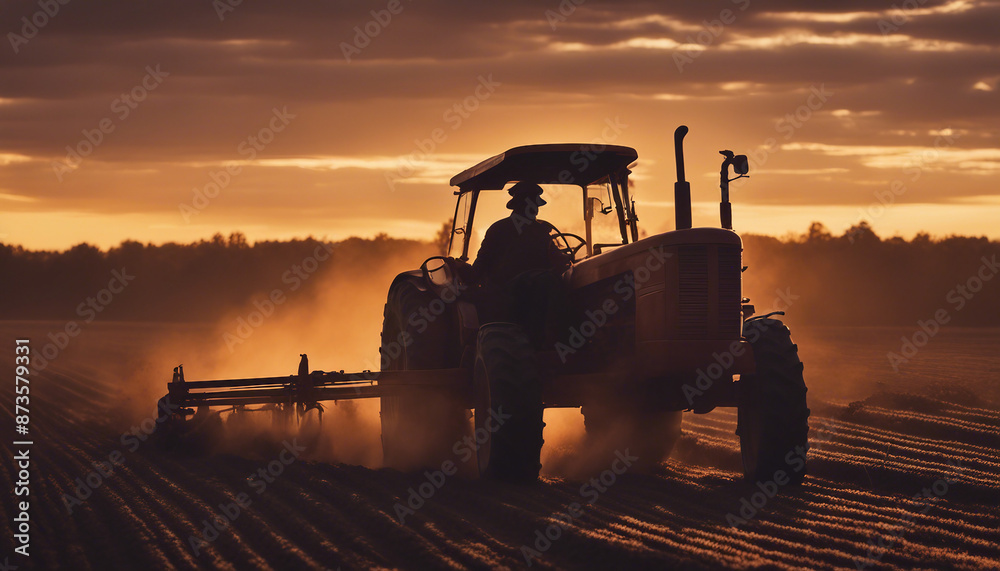 Fototapeta premium silhouette of farmer on tractor fixed with harrow plowing agriculture field soil at sunset 