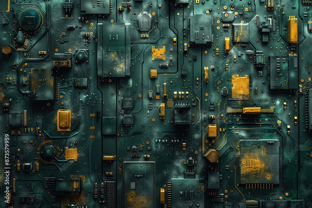 A highly detailed, vibrant printed circuit board (PCB) showcasing various electronic components and intricate circuitry patterns. A highly detailed, vibrant printed circuit board (PCB) showcasing various electronic components and intricate circuitry patterns.